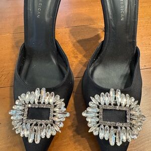 EUC Elegant Black Satin Women's Shoes with Crystal Embellishments